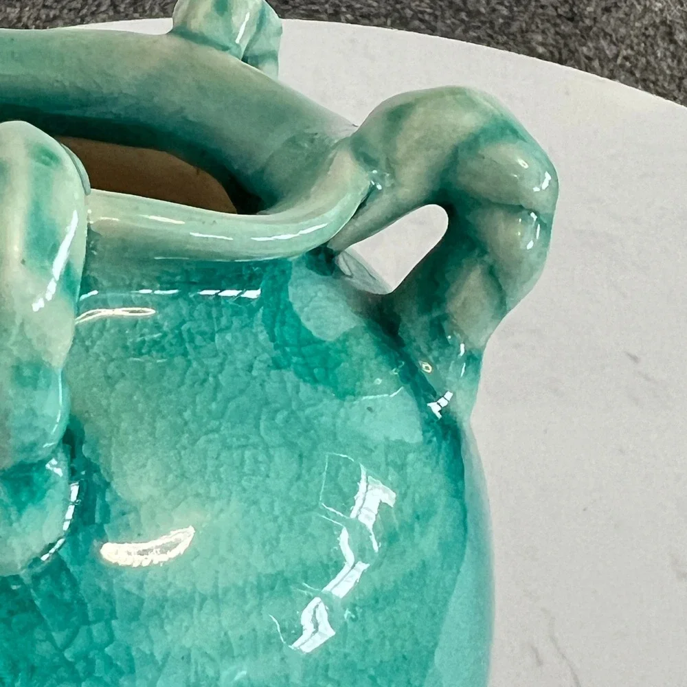 Handcrafted Ceramic Vase‎ Turquoise Glaze Handles Made in Vietnam Home Decore